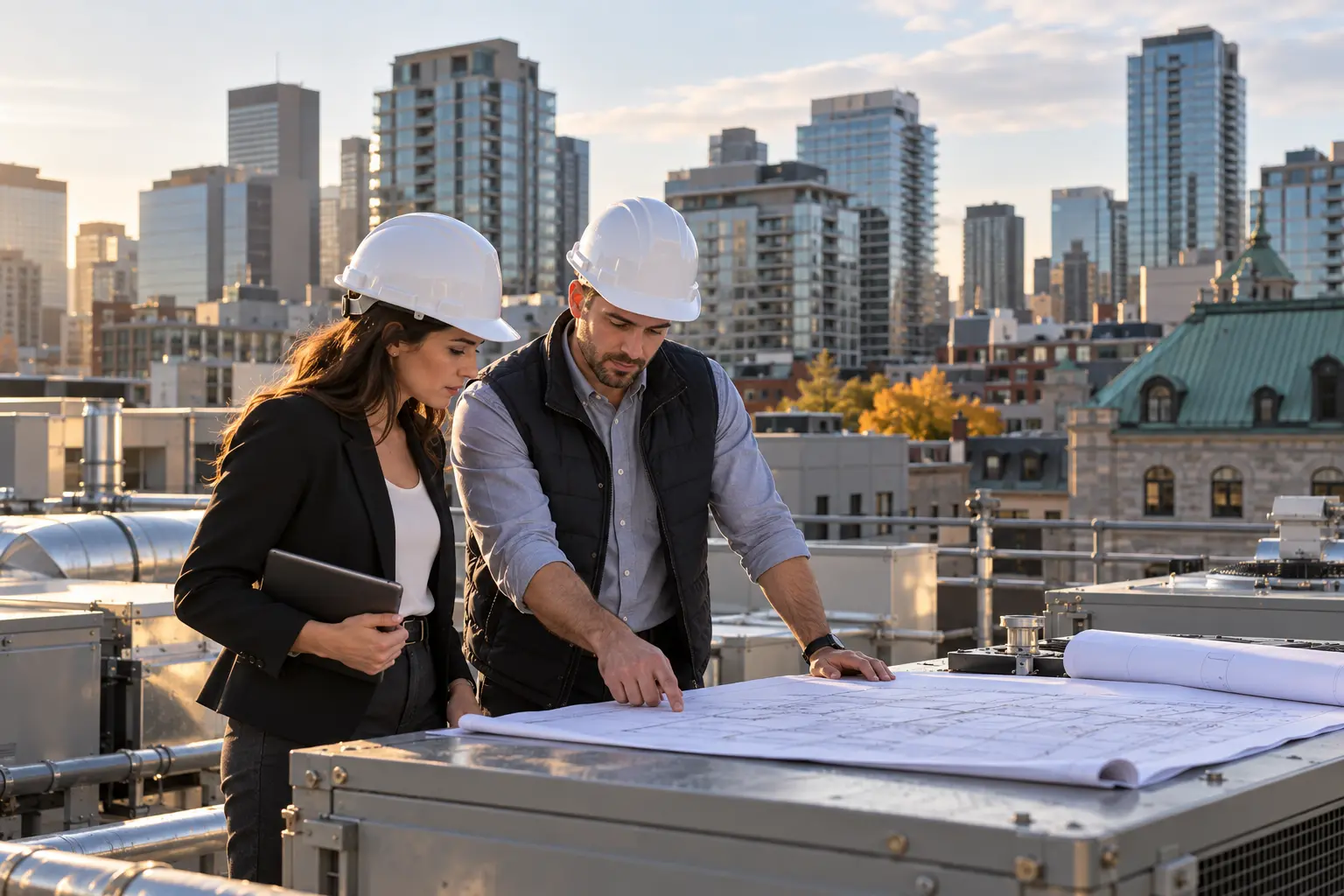 Manager and professional planning work on a modern Montréal condominium