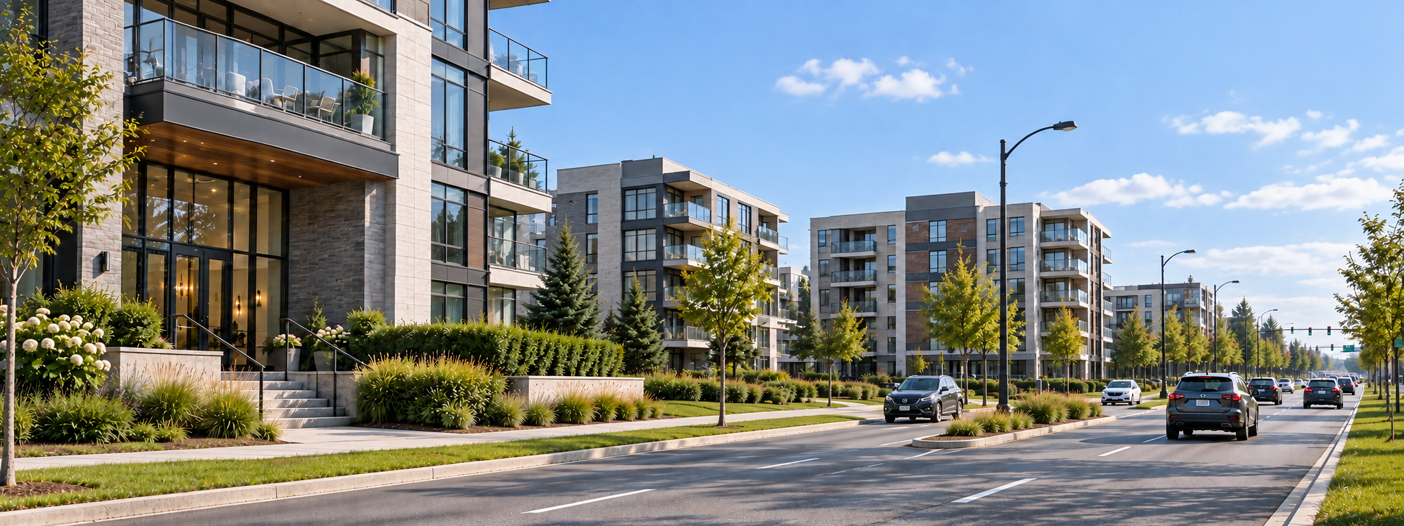 Copropriétés contemporaines le long d’un grand boulevard résidentiel de l’Ouest-de-l’Île
