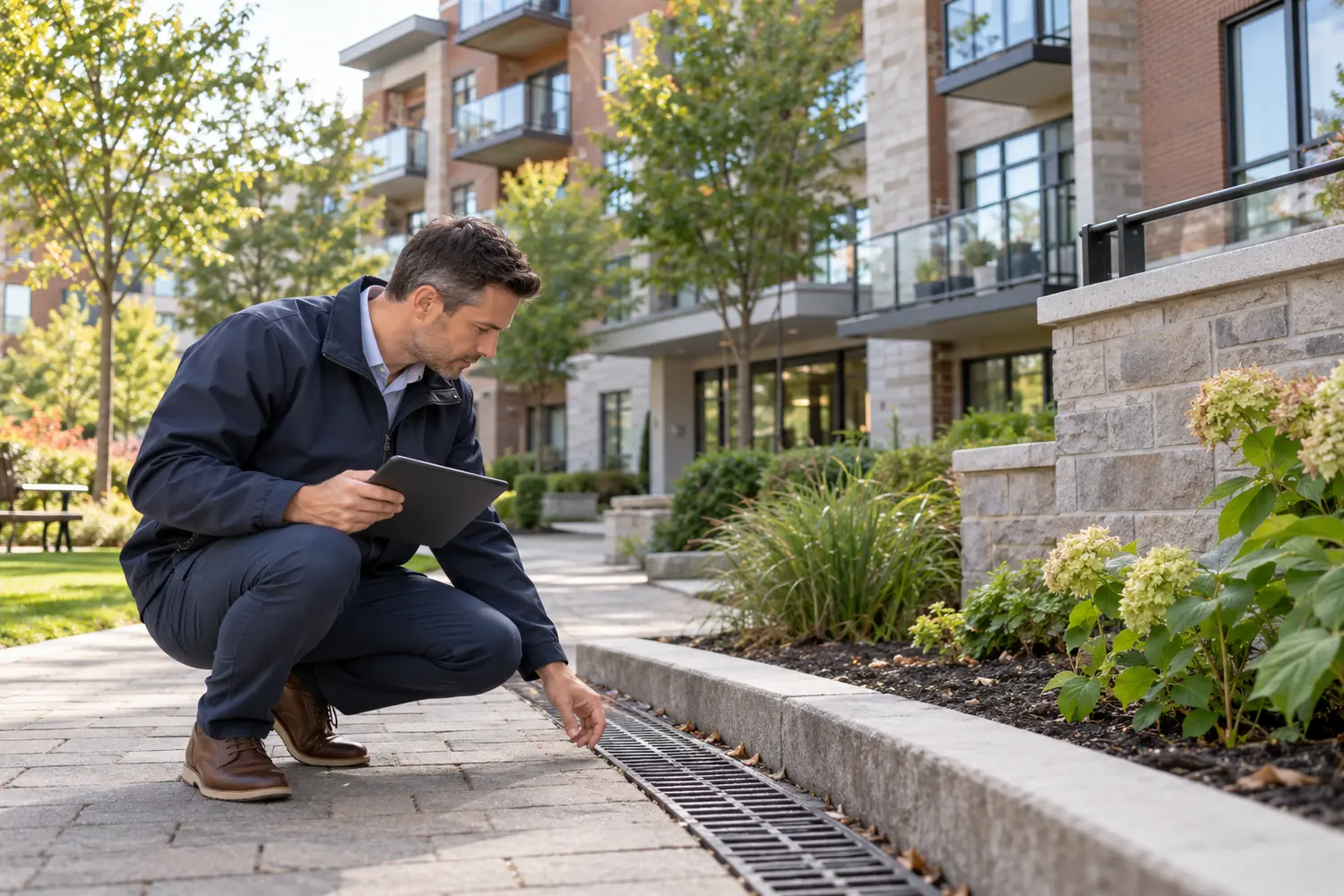 Property manager inspecting exterior condominium components in the West Island