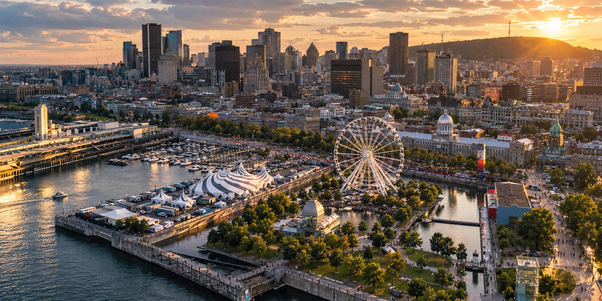 Real view of Montréal and the Old Port at sunset